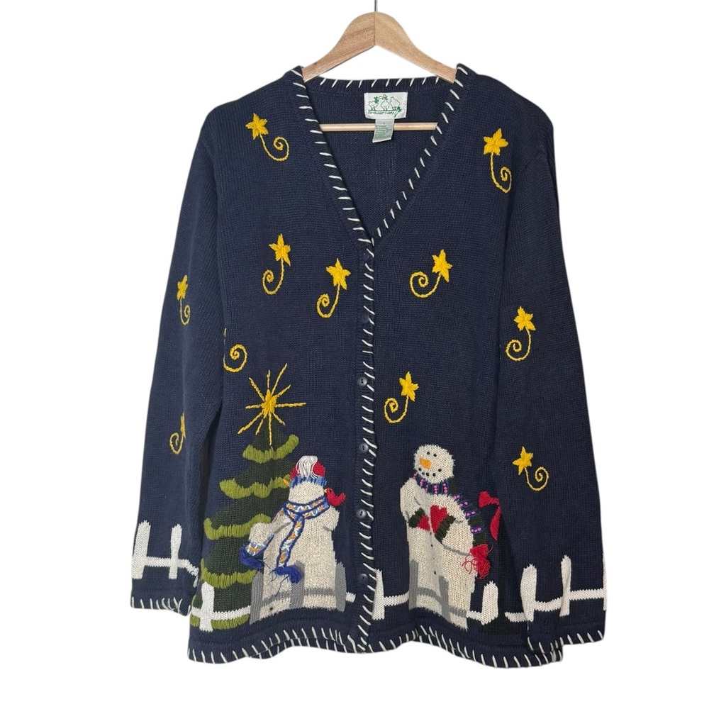The Quacker Factory VTG Snowmen Embroidered Deep V Neck Cardigan Sweater Size L